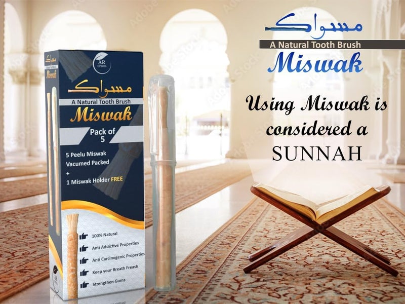 Natural Miswak Sticks (Pack of 5) | Organic Peelu Chewable Toothbrush for Teeth Whitening & Oral Hygiene | Vacuum Sealed Freshness | Includes 1 Travel Pen Holders | مسواك - Image 3