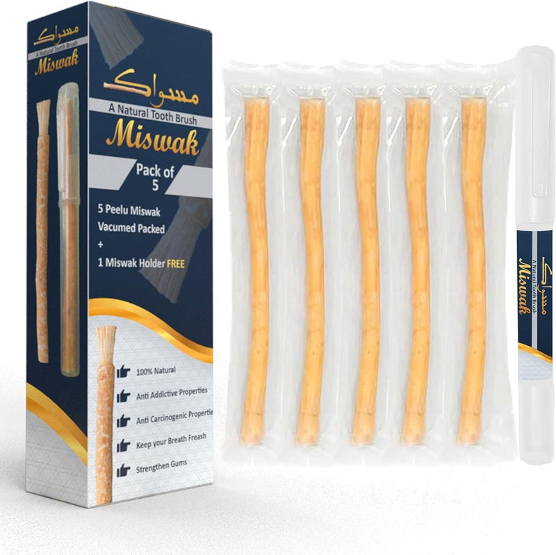 Natural Miswak Sticks (Pack of 5) | Organic Peelu Chewable Toothbrush for Teeth Whitening & Oral Hygiene | Vacuum Sealed Freshness | Includes 1 Travel Pen Holders | مسواك - Image 1