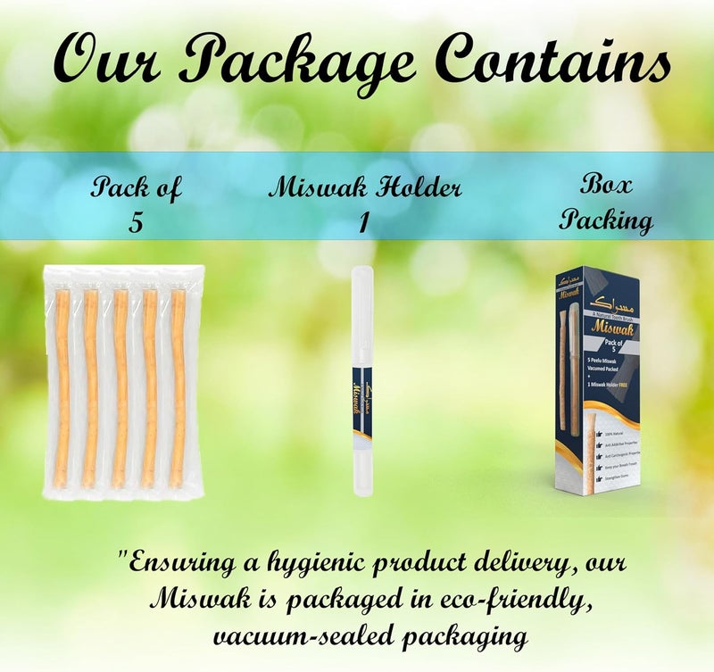 Natural Miswak Sticks (Pack of 5) | Organic Peelu Chewable Toothbrush for Teeth Whitening & Oral Hygiene | Vacuum Sealed Freshness | Includes 1 Travel Pen Holders | مسواك - Image 2