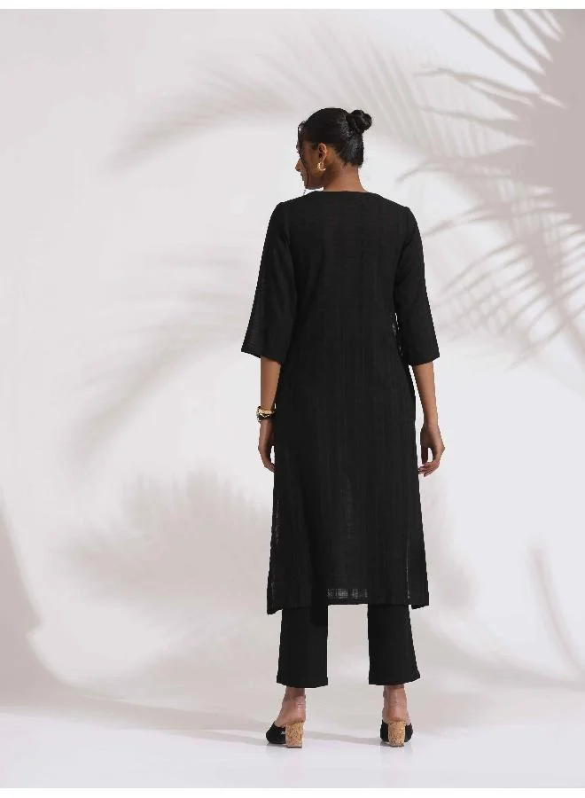 ترو برونز trueBrowns Black Cotton High Slit Kurta Set