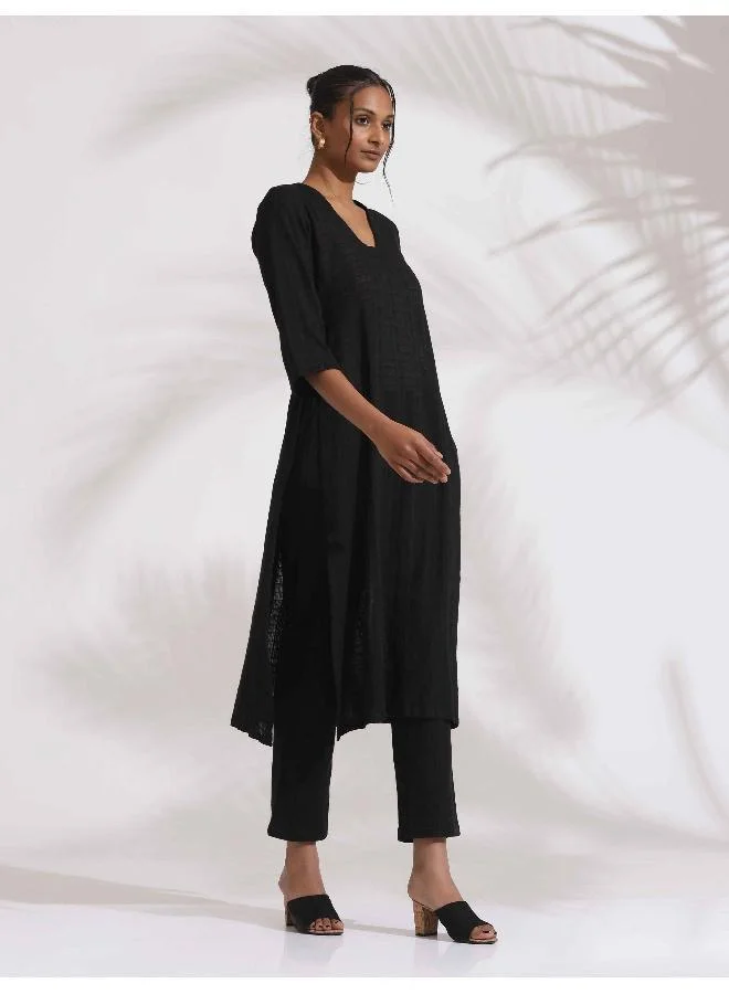 Black Cotton High Slit Kurta Set
