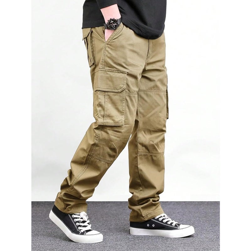 Men's cotton cargo pant with drawstring waist for outdoor use, khaki color, durable and functional design with multiple pockets - Image 4