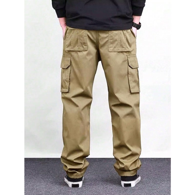 Men's cotton cargo pant with drawstring waist for outdoor use, khaki color, durable and functional design with multiple pockets - Image 2