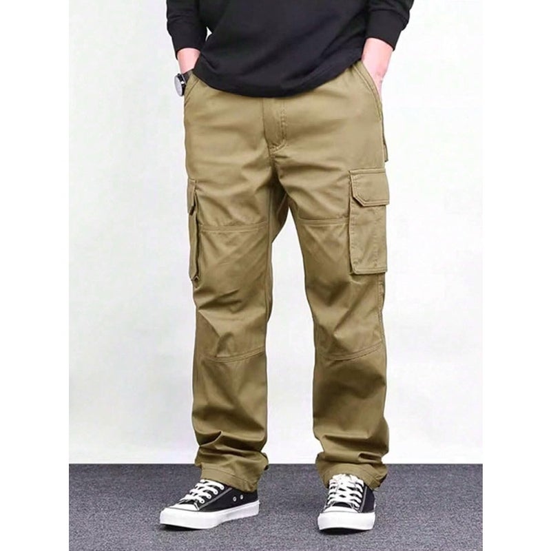 Men's cotton cargo pant with drawstring waist for outdoor use, khaki color, durable and functional design with multiple pockets - Image 3