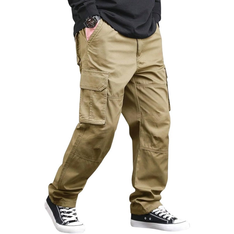 Men's cotton cargo pant with drawstring waist for outdoor use, khaki color, durable and functional design with multiple pockets - Image 1
