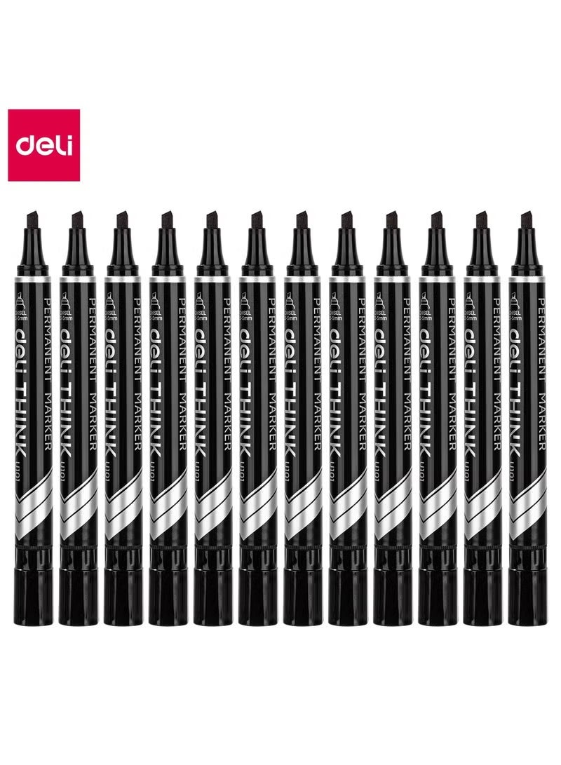 Deli 12-Piece Permanent Marker Set Black Chisel Tip 1.5-5mm - Image 1