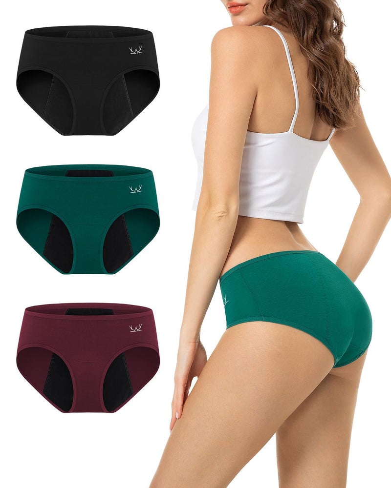 TANSTC Heavy Flow Leakproof Period Underwear Women Cotton Postpartum Teens Hipster 3 Pack Dark Color M - Image 1