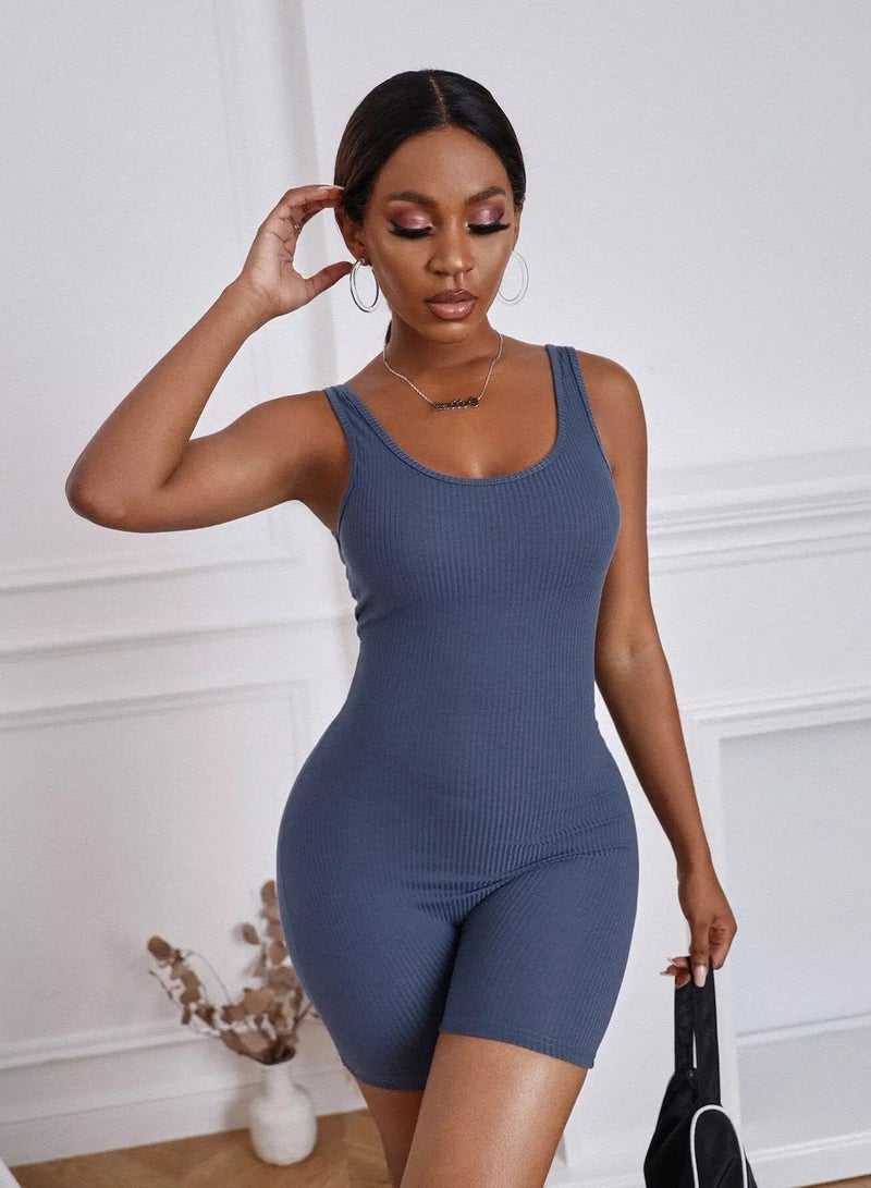 Solid Rib Knit Unitard Romper - Image 5