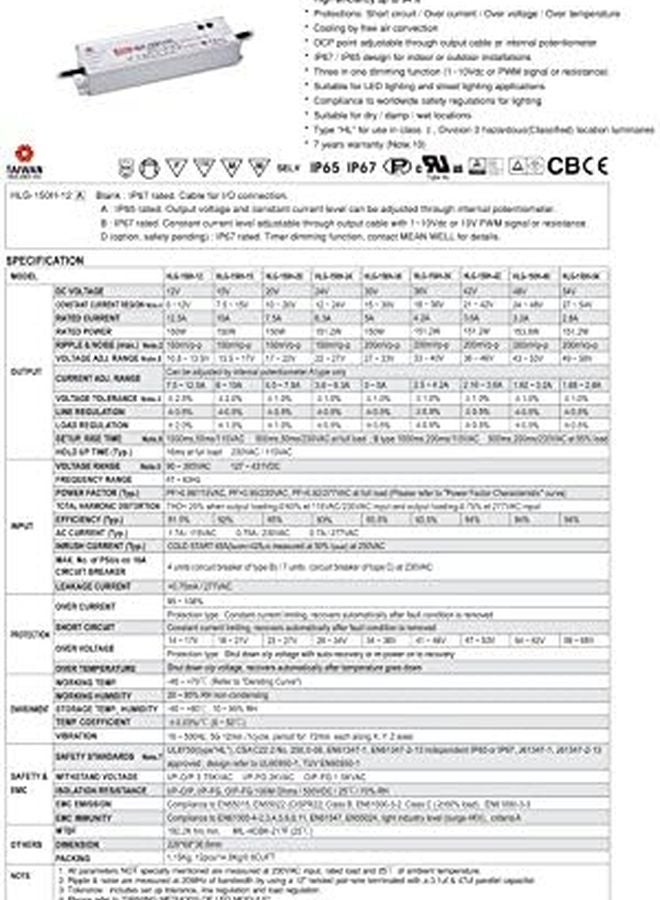 Mean Well HLG 150H 42B 150W 42V 3 6A Single Output Switching Power Supply Model B - Image 3