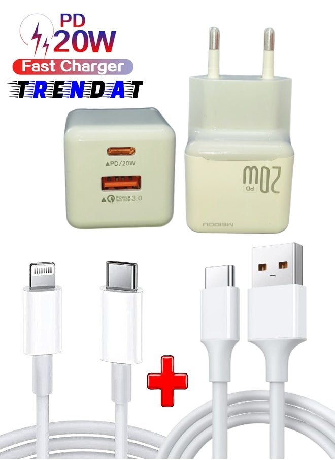 MEIDOU - 20W fast charger with two ports (Type C + USB) with 2 charging cables - compatible with iPhone and Android phones - Image 1