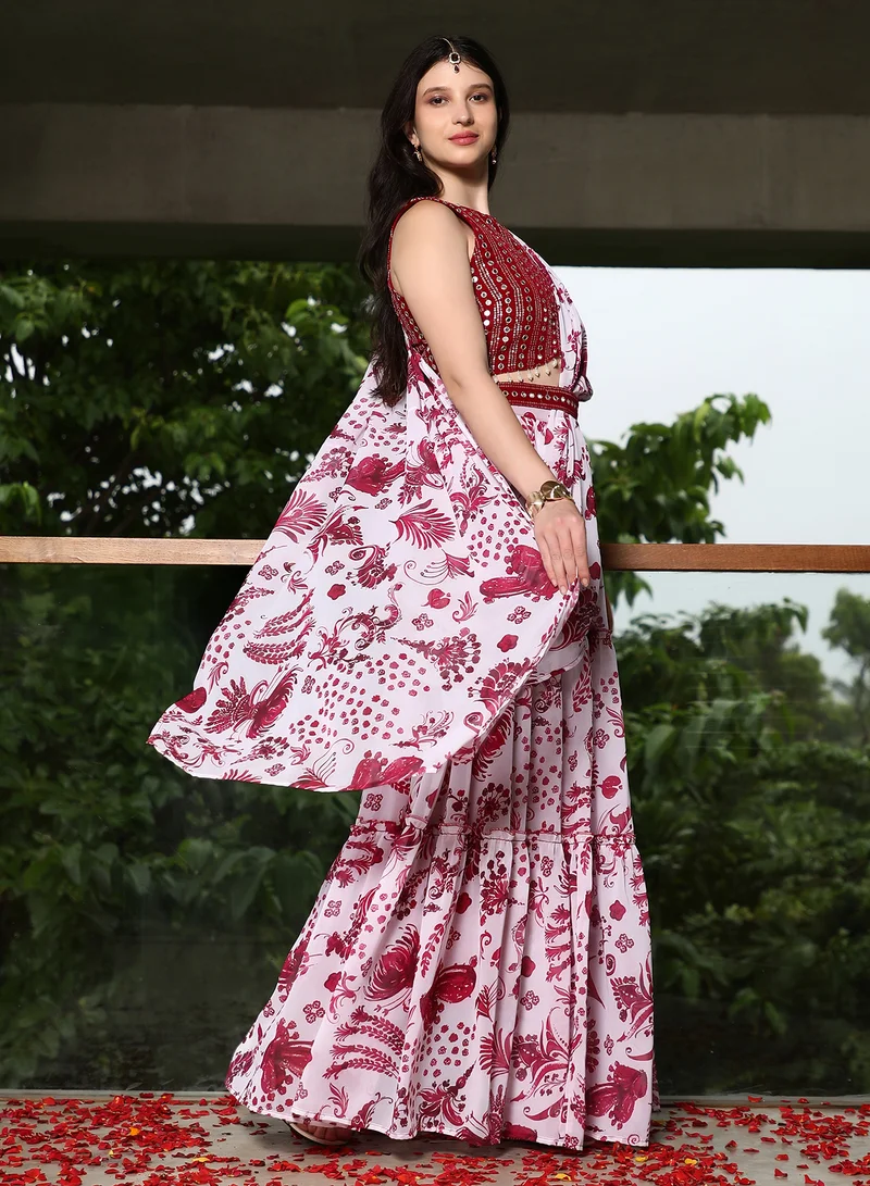 QISSA  Qissa Women's Raspberry Pink Botanical Mirror-Block Pre-Draped Saree For Ethnic Wear | Round Neck, Sleeveless | Geometric Embroidered Fabric | 2 Piece Pre-Draped Saree Designed For Evening & Party Wear  | Best Price UAE