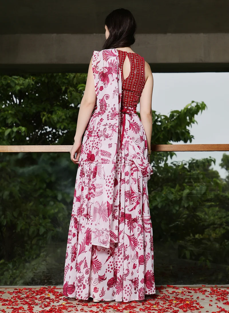 QISSA  Qissa Women's Raspberry Pink Botanical Mirror-Block Pre-Draped Saree For Ethnic Wear | Round Neck, Sleeveless | Geometric Embroidered Fabric | 2 Piece Pre-Draped Saree Designed For Evening & Party Wear  | Best Price UAE