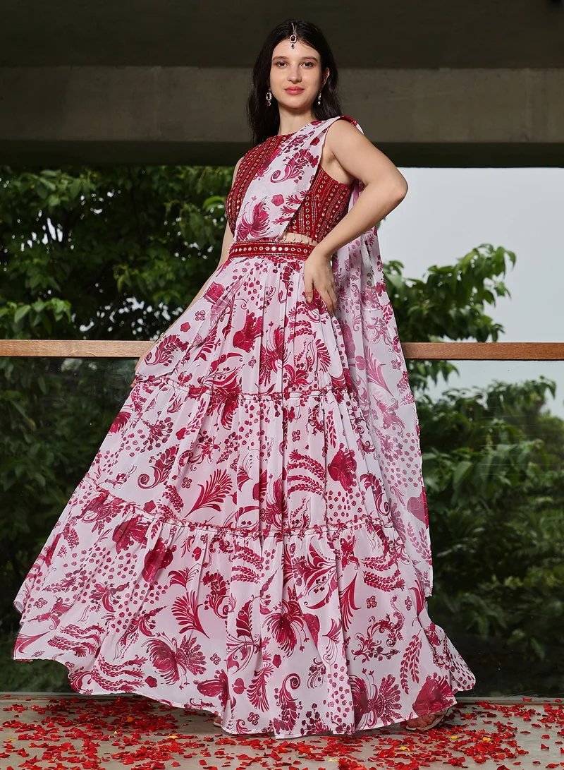 QISSA  Qissa Women's Raspberry Pink Botanical Mirror-Block Pre-Draped Saree For Ethnic Wear | Round Neck, Sleeveless | Geometric Embroidered Fabric | 2 Piece Pre-Draped Saree Designed For Evening & Party Wear  | Best Price UAE