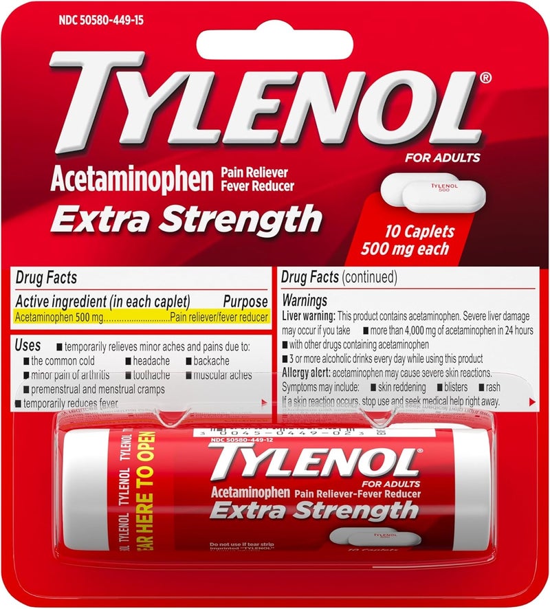 Tylenol أقراص تايلينول إكسترا سترينث مع 500 ملغ أسيتامينوفين مسكن للألم خافض للحرارة 10 حبة عبوة من 12 - Image 2