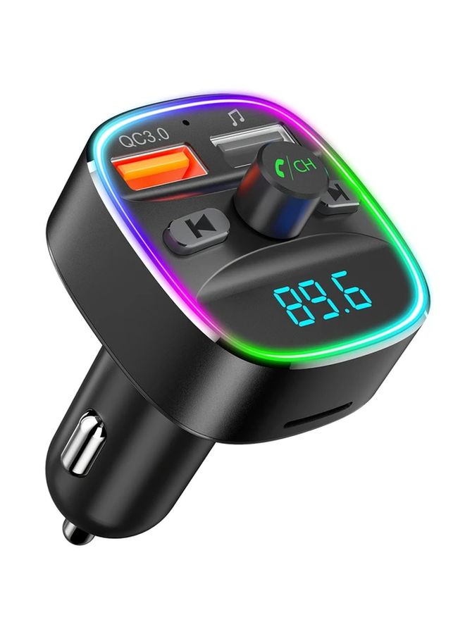 Black BT FM Transmitter Car Charger with QC3 0 Dual USB 7 Color LED Hands Free Calling - Image 1