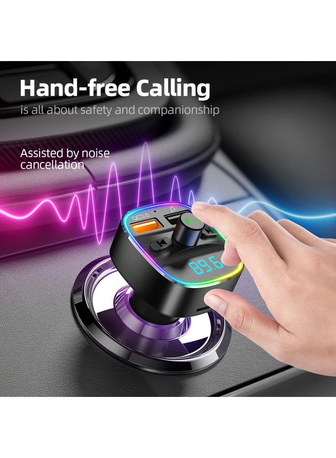Black BT FM Transmitter Car Charger with QC3 0 Dual USB 7 Color LED Hands Free Calling - Image 2