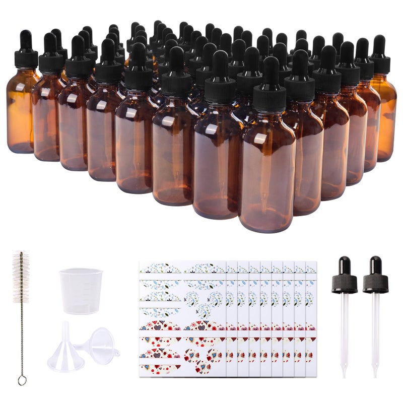 Comrzor 48 Pack 2oz Amber Glass Bottles with Glass Eye Droppers for Essential Oils, Perfumes & Lab Chemicals (Brush, Funnels, 2 Extra Droppers, 54 Pieces Labels & 30ml Measuring Cup Included) - Image 1