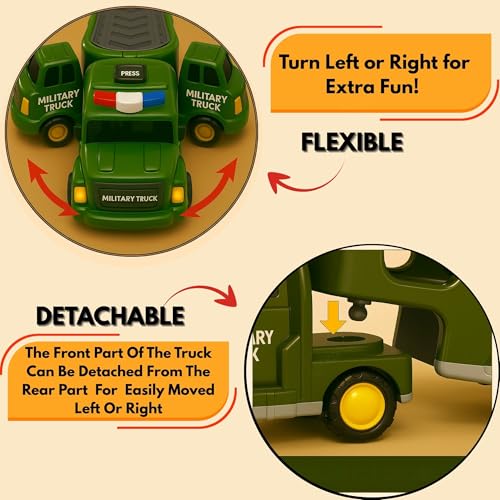 GRAPHENE 5 in 1 Friction Military Army Truck Car Set for Boys 3-10 Years Old Montessori Carrier Educational Toy Light Music Unbreakable Pullback Action Helicopter Taxi Playset Best Gift Boy Girl - Image 3