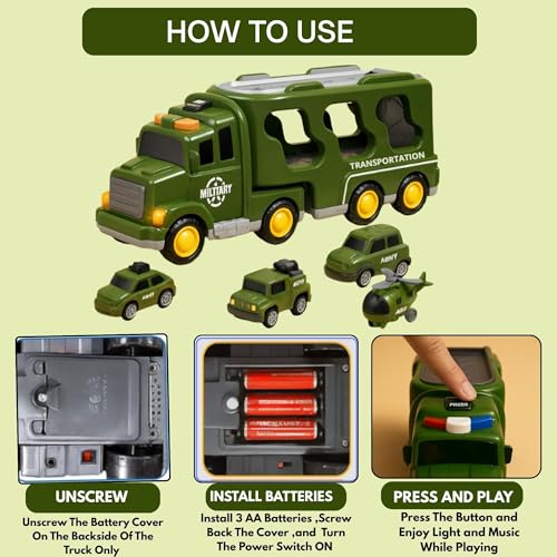 GRAPHENE 5 in 1 Friction Military Army Truck Car Set for Boys 3-10 Years Old Montessori Carrier Educational Toy Light Music Unbreakable Pullback Action Helicopter Taxi Playset Best Gift Boy Girl - Image 5