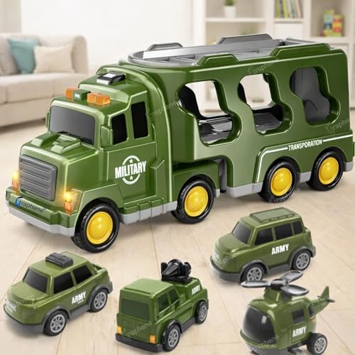 GRAPHENE 5 in 1 Friction Military Army Truck Car Set for Boys 3-10 Years Old Montessori Carrier Educational Toy Light Music Unbreakable Pullback Action Helicopter Taxi Playset Best Gift Boy Girl - Image 1
