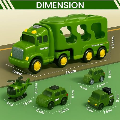 GRAPHENE 5 in 1 Friction Military Army Truck Car Set for Boys 3-10 Years Old Montessori Carrier Educational Toy Light Music Unbreakable Pullback Action Helicopter Taxi Playset Best Gift Boy Girl - Image 2