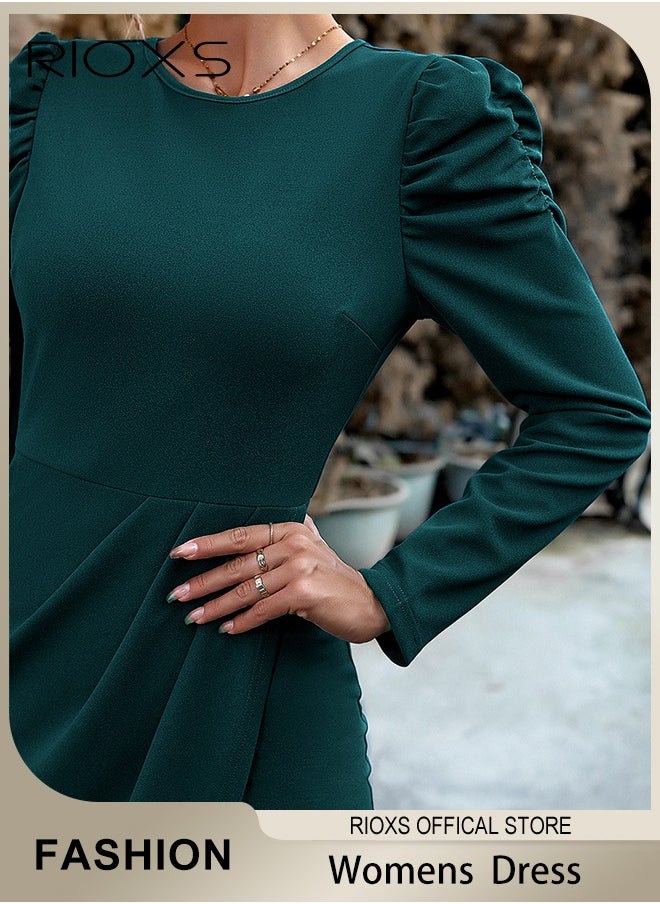 RIOXS - Women's Dresses Long Sleeve Crew Neck Knee-high Dress Ruffle Shoulders Waist Slimming Hip Wrap Dress Casual Work Party Midi Dress For Ladies - Image 1