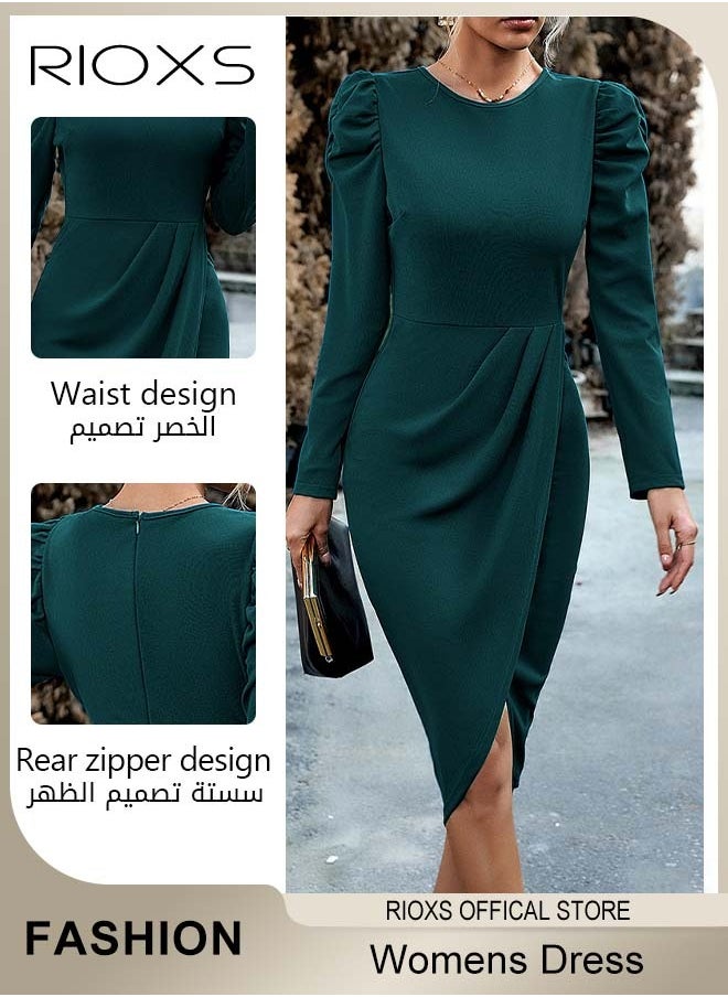 RIOXS - Women's Dresses Long Sleeve Crew Neck Knee-high Dress Ruffle Shoulders Waist Slimming Hip Wrap Dress Casual Work Party Midi Dress For Ladies - Image 1