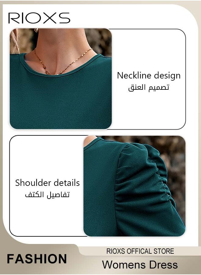 RIOXS - Women's Dresses Long Sleeve Crew Neck Knee-high Dress Ruffle Shoulders Waist Slimming Hip Wrap Dress Casual Work Party Midi Dress For Ladies - Image 1