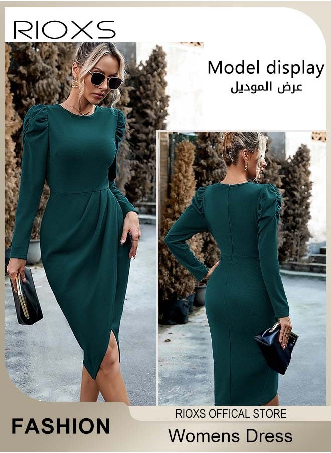 RIOXS - Women's Dresses Long Sleeve Crew Neck Knee-high Dress Ruffle Shoulders Waist Slimming Hip Wrap Dress Casual Work Party Midi Dress For Ladies - Image 1