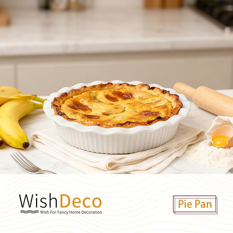 WishDeco Ceramic Pie Pan for Baking 23 cm / 9 inch, Deep Round Pie Dish 1500 ml / 50 oz, Pie Plate with Fluted Rim, Porcelain Baking Dish for Apple Pie, Quiche, Tart, Cake Oven & Microwave Safe - Image 2