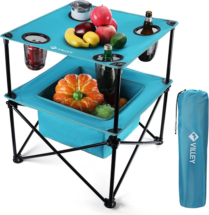 VILLEY Portable Camping Picnic Table, Lightweight Folding Beach Table with 4 Cup Holders and Carry Bag for Camp, Travel, Fishing, and Outdoor Activities - Image 1