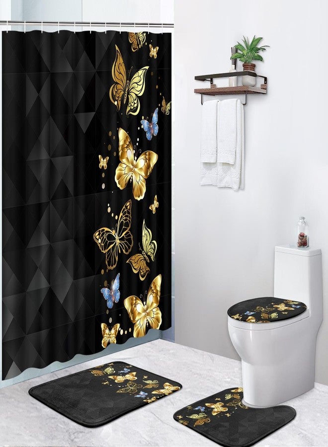Pamnest 4 Pcs Shower Curtain Sets, Gold Blue Butterfly Moth Black Waterproof Bathroom Sets with Non-Slip Rugs, Toilet Lid Cover and Bath Mat, 12 Hooks, Accessories Home Bathroom Decor 72" X 72" - Image 1