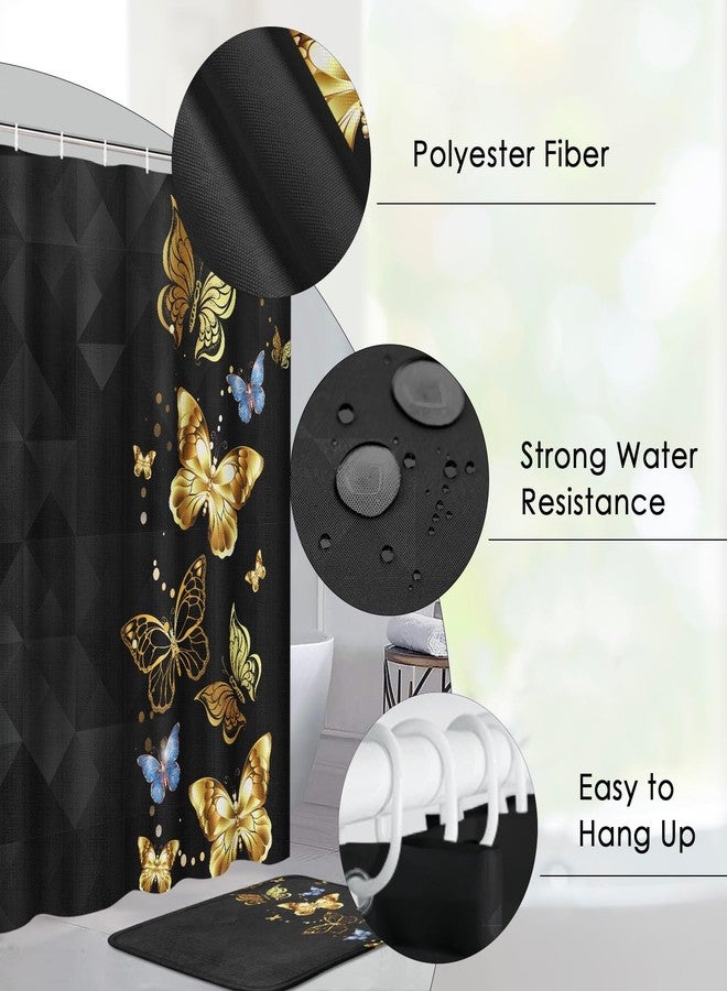 Pamnest 4 Pcs Shower Curtain Sets, Gold Blue Butterfly Moth Black Waterproof Bathroom Sets with Non-Slip Rugs, Toilet Lid Cover and Bath Mat, 12 Hooks, Accessories Home Bathroom Decor 72" X 72" - Image 2