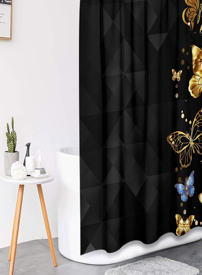 Pamnest 4 Pcs Shower Curtain Sets, Gold Blue Butterfly Moth Black Waterproof Bathroom Sets with Non-Slip Rugs, Toilet Lid Cover and Bath Mat, 12 Hooks, Accessories Home Bathroom Decor 72" X 72" - Image 3