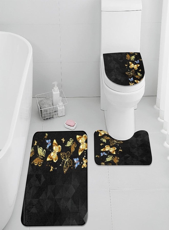 Pamnest 4 Pcs Shower Curtain Sets, Gold Blue Butterfly Moth Black Waterproof Bathroom Sets with Non-Slip Rugs, Toilet Lid Cover and Bath Mat, 12 Hooks, Accessories Home Bathroom Decor 72" X 72" - Image 5
