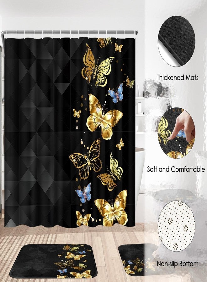 Pamnest 4 Pcs Shower Curtain Sets, Gold Blue Butterfly Moth Black Waterproof Bathroom Sets with Non-Slip Rugs, Toilet Lid Cover and Bath Mat, 12 Hooks, Accessories Home Bathroom Decor 72" X 72" - Image 4