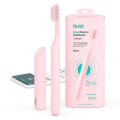 Quip Smart Sonic Toothbrush for Adults Timed Electric Toothbrush with Bluetooth Rewards App Replaceable Brush Head Soft Bristles Metal Handle 3 Month Battery Life Travel Brush AllPink