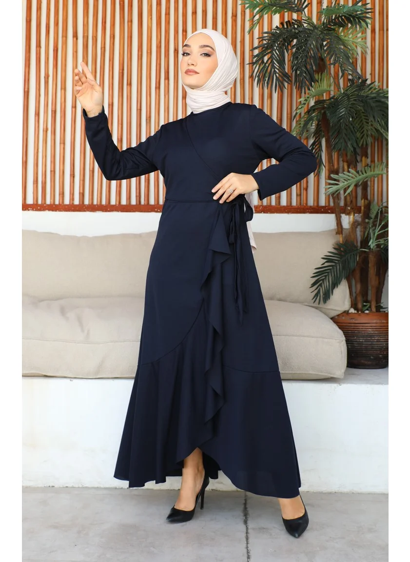 Sefa Merve Side Tie Flounce Dress 1907-01 Navy Blue