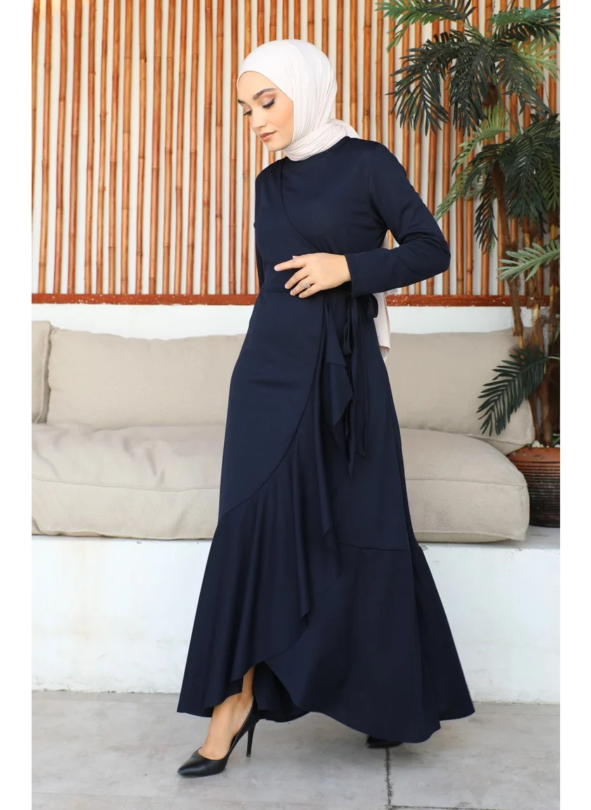 Sefa Merve Side Tie Flounce Dress 1907-01 Navy Blue