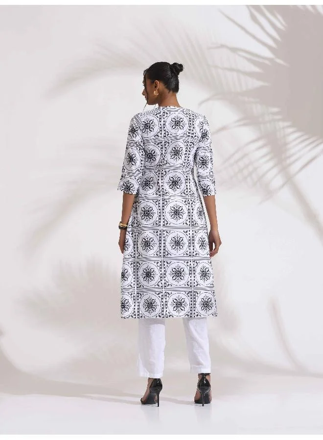 trueBrowns White Cotton Geometric Print Angrakha Kurta Set