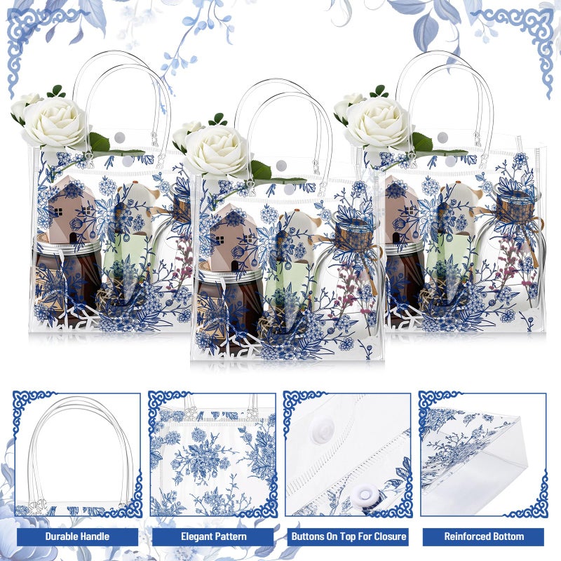 Sinload 12 Pcs Clear Floral Bridesmaid Gift Bags with Handle Small 7.9â€œ x 7.9â€ x 3.1" Vintage Chinoiserie Floral Gift Bag Goodie Wrap Tote for Wedding Bridal Shower Birthday Tea Party(Blue White) - Image 3