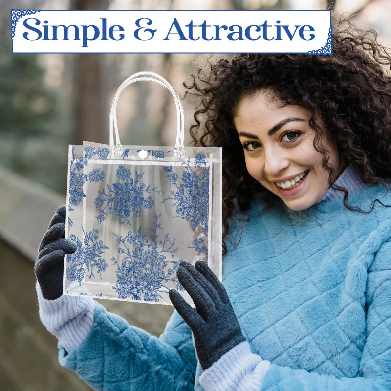 Sinload 12 Pcs Clear Floral Bridesmaid Gift Bags with Handle Small 7.9â€œ x 7.9â€ x 3.1" Vintage Chinoiserie Floral Gift Bag Goodie Wrap Tote for Wedding Bridal Shower Birthday Tea Party(Blue White) - Image 4
