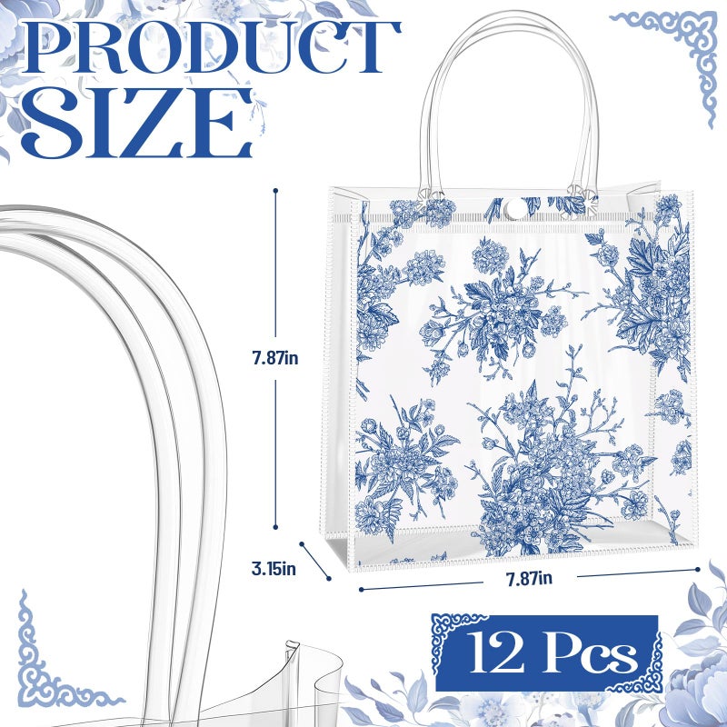 Sinload 12 Pcs Clear Floral Bridesmaid Gift Bags with Handle Small 7.9â€œ x 7.9â€ x 3.1" Vintage Chinoiserie Floral Gift Bag Goodie Wrap Tote for Wedding Bridal Shower Birthday Tea Party(Blue White) - Image 2