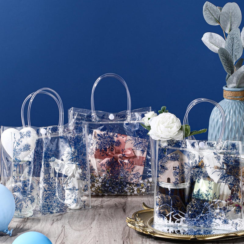 Sinload 12 Pcs Clear Floral Bridesmaid Gift Bags with Handle Small 7.9â€œ x 7.9â€ x 3.1" Vintage Chinoiserie Floral Gift Bag Goodie Wrap Tote for Wedding Bridal Shower Birthday Tea Party(Blue White) - Image 5
