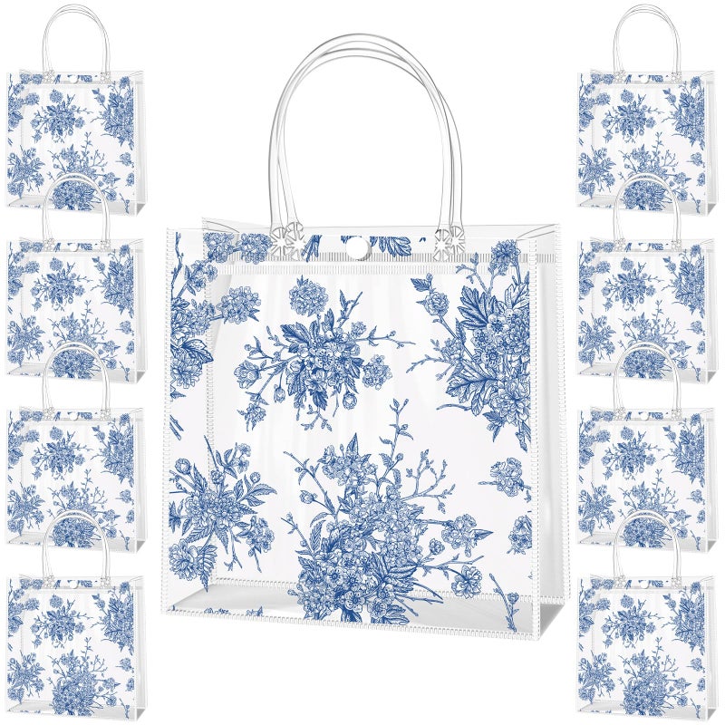 Sinload 12 Pcs Clear Floral Bridesmaid Gift Bags with Handle Small 7.9â€œ x 7.9â€ x 3.1" Vintage Chinoiserie Floral Gift Bag Goodie Wrap Tote for Wedding Bridal Shower Birthday Tea Party(Blue White) - Image 1