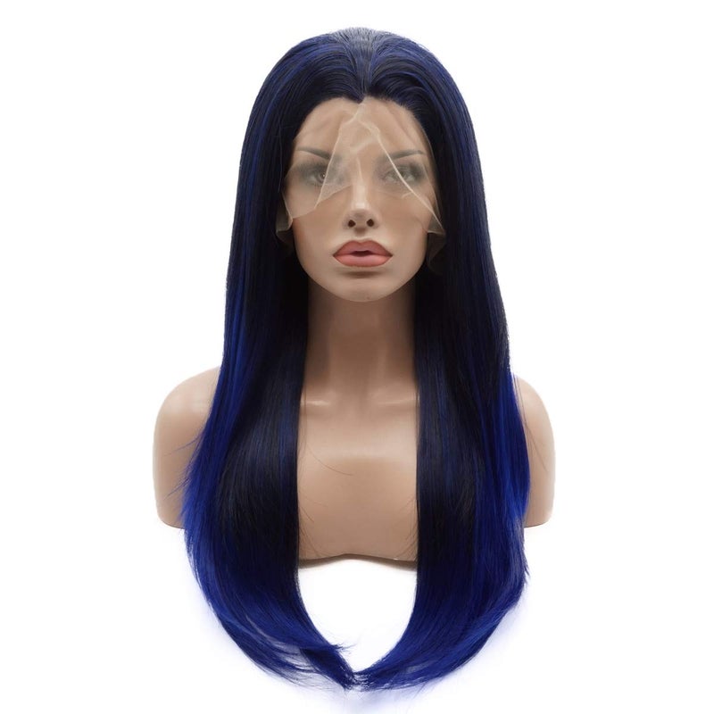 Lushy Lushy Straight Long 24inch Dark Root Blue Ombre Wig Heat Resistant Heavy Density Realistic Synthetic Lace Front Wig 