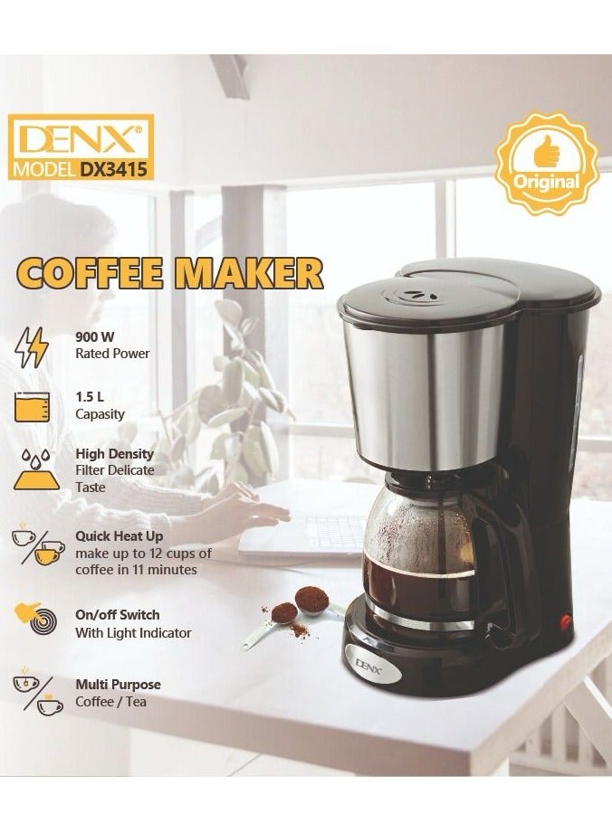 Denx Dinex 1.5L Coffee Maker, Anti-Drip Function, 900W, Keep Warm Function, Glass Jar, DX3415 - Image 4