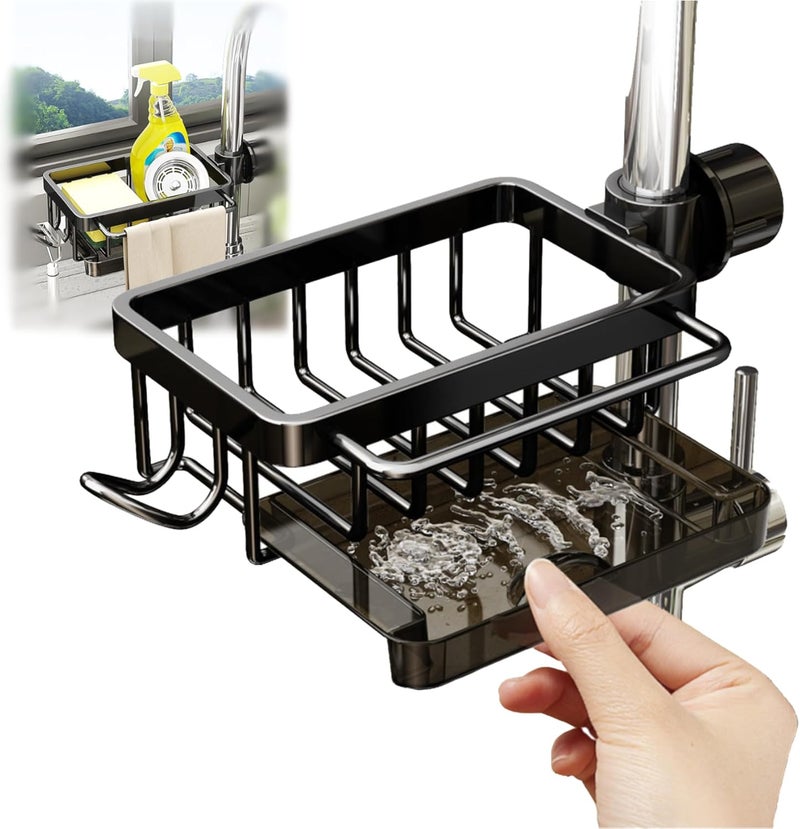 GCFTIFF Sink Organizer Rack for Kitchen and Bathroom, 2024 New Stainless Steel Detachable Hanging Faucet Drain Rack with Drip Tray Faucet Sponge Holder for Bathroom, Scrubbers, Soap (Black, Left) - Image 1