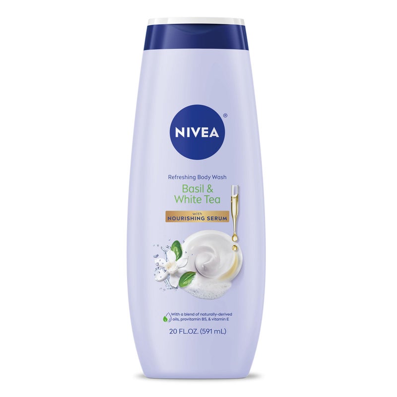 NIVEA Refreshing Basil and White Tea Body Wash with Nourishing Serum, Scented Body Wash for Women, Enriched with Provitamin B5 and Vitamin E, 20 Fl Oz Bottle - Image 1