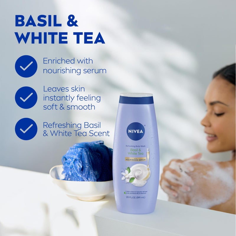 NIVEA Refreshing Basil and White Tea Body Wash with Nourishing Serum, Scented Body Wash for Women, Enriched with Provitamin B5 and Vitamin E, 20 Fl Oz Bottle - Image 3